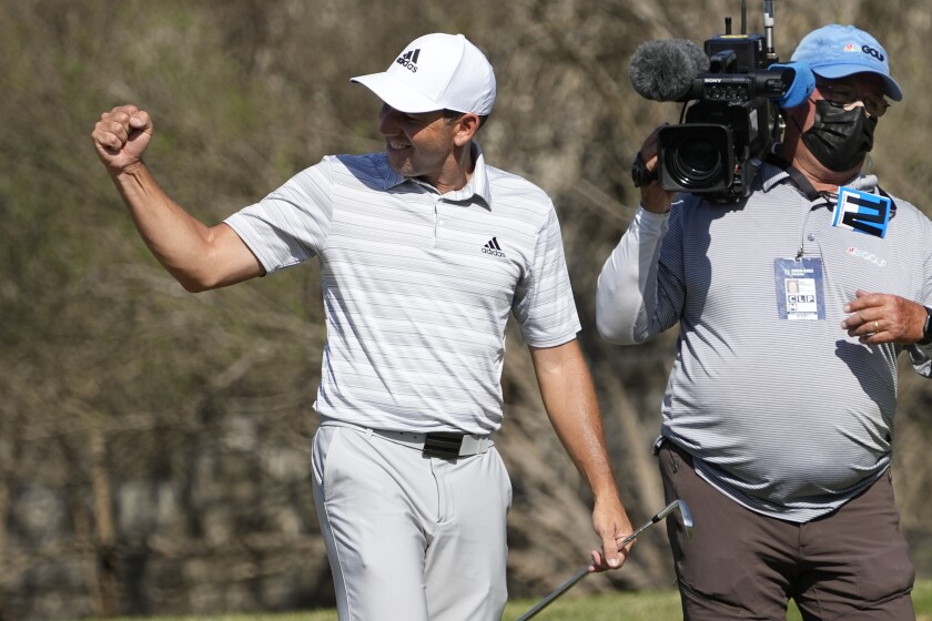 Sergio Garcia celebrates his hole in one that won his playoff against Lee Westwood at the Dell Technologies Match Play event.