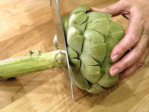 Cut stem: Make it flush with the bottom, so the artichoke sits upright.