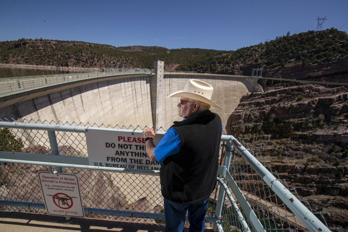 A man in a cowboy hat stands against a chain link fence with a dam and reservoir in the background.