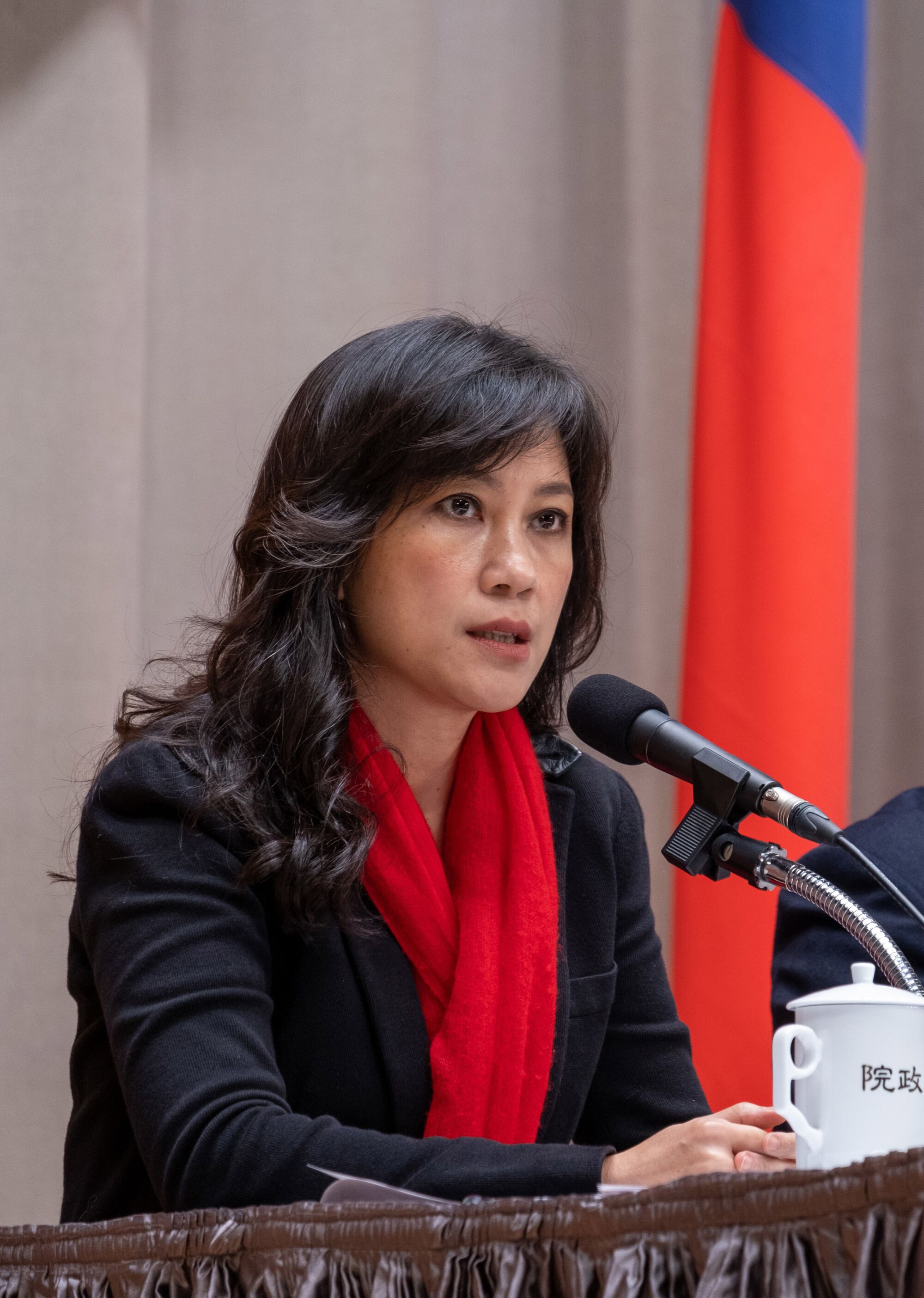 A woman speaks into a microphone