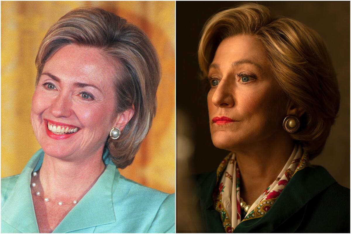 La primera dama, Hillary Clinton, y Edie Falco como Hillary Clinton en “Impeachment: American Crime Story”.