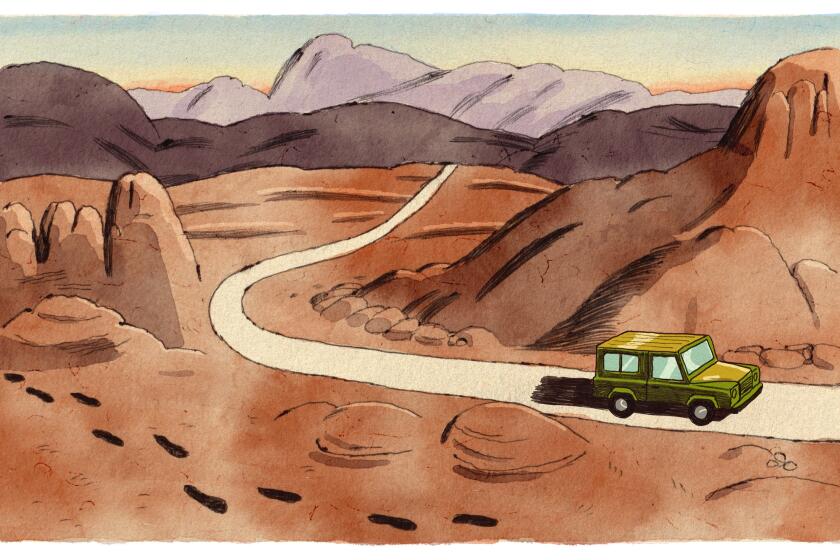 Illustration of a truck driving through a desert, and then reversing to look at footprints.