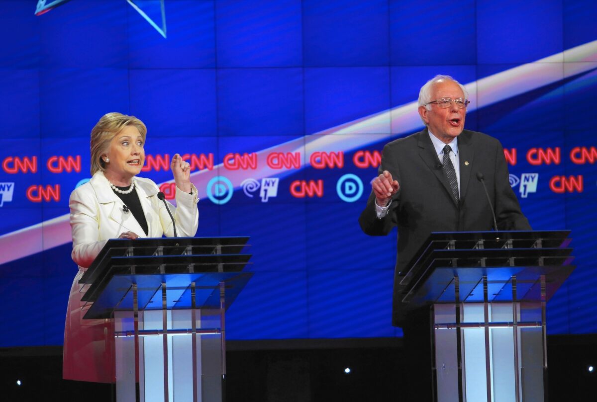 Gun control is the rare issue that has allowed Hillary Clinton to position herself as more liberal than Bernie Sanders. Above, they appear at a debate in New York on April 14.