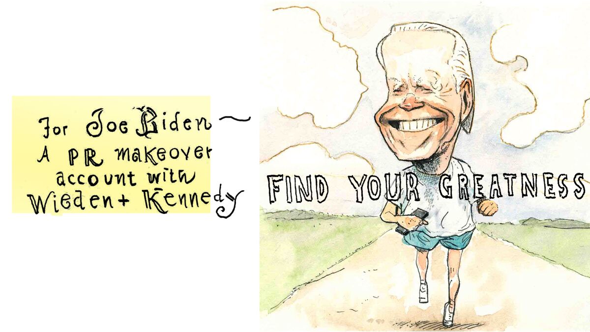 Illustration of Joe Biden with text "A PR makeover account with Wieden + Kennedy"