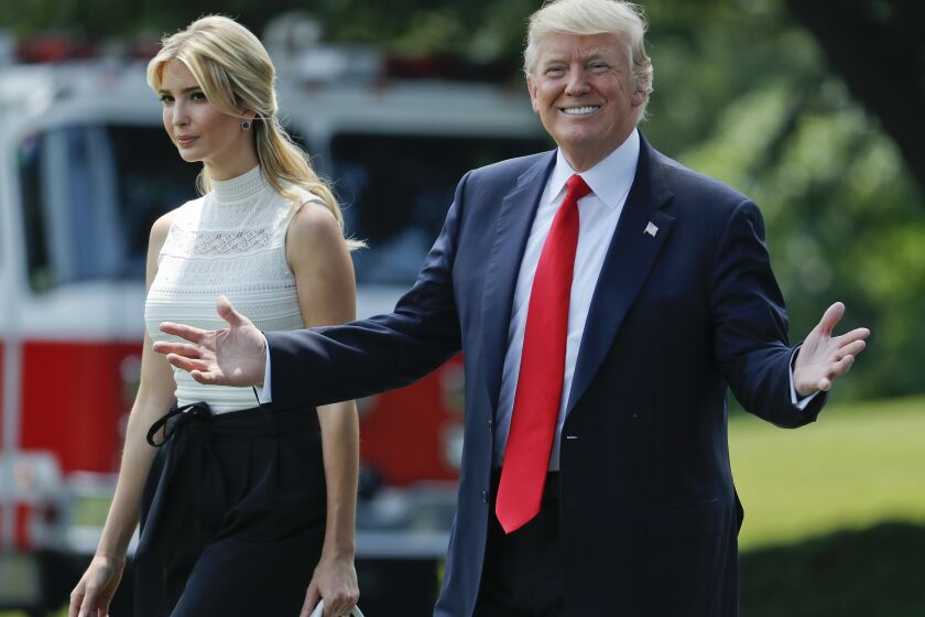 FILE- In this June 13, 2017, file photo, Ivanka Trump joins her father, President Donald Trump, as they walk across the South Lawn of the White House in Washington. New York's attorney general has sent a subpoena to the Trump Organization for records related to consulting fees paid to Ivanka Trump as part of a broad civil investigation into the president's business dealings, a law enforcement official said Thursday, Nov. 19, 2020.(AP Photo/Pablo Martinez Monsivais, File)