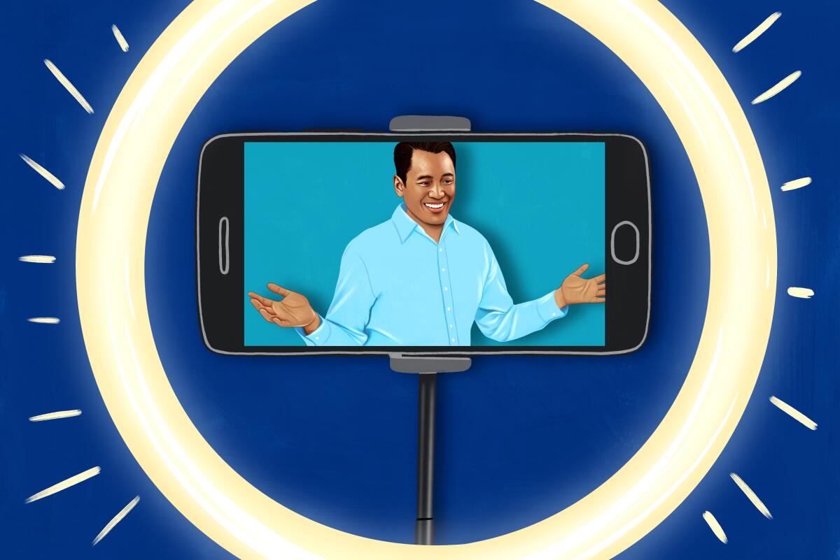 Illustration of a man being video recorded on a cellphone set inside a ring light.