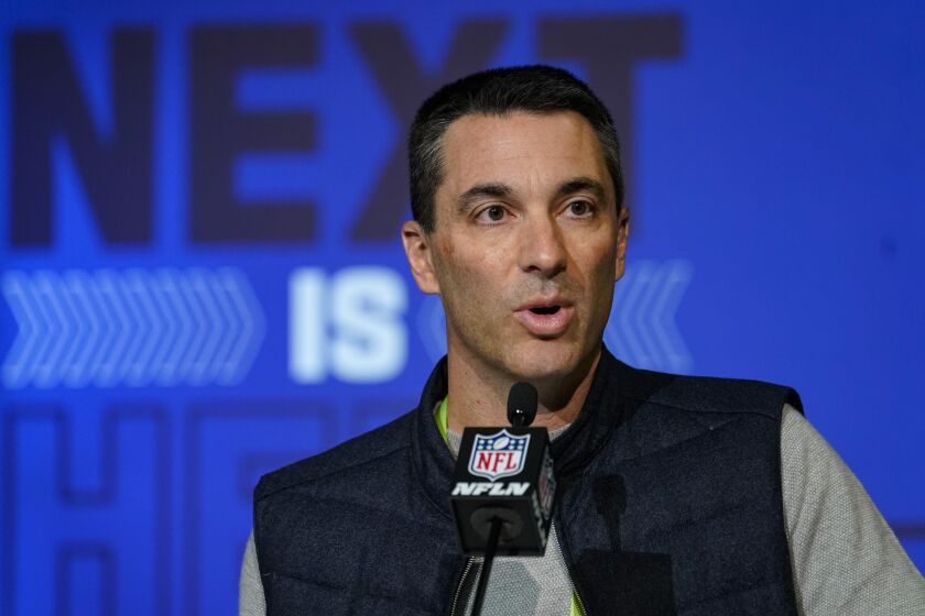 Los Angeles Chargers general manager Tom Telesco speaks during a press conference.