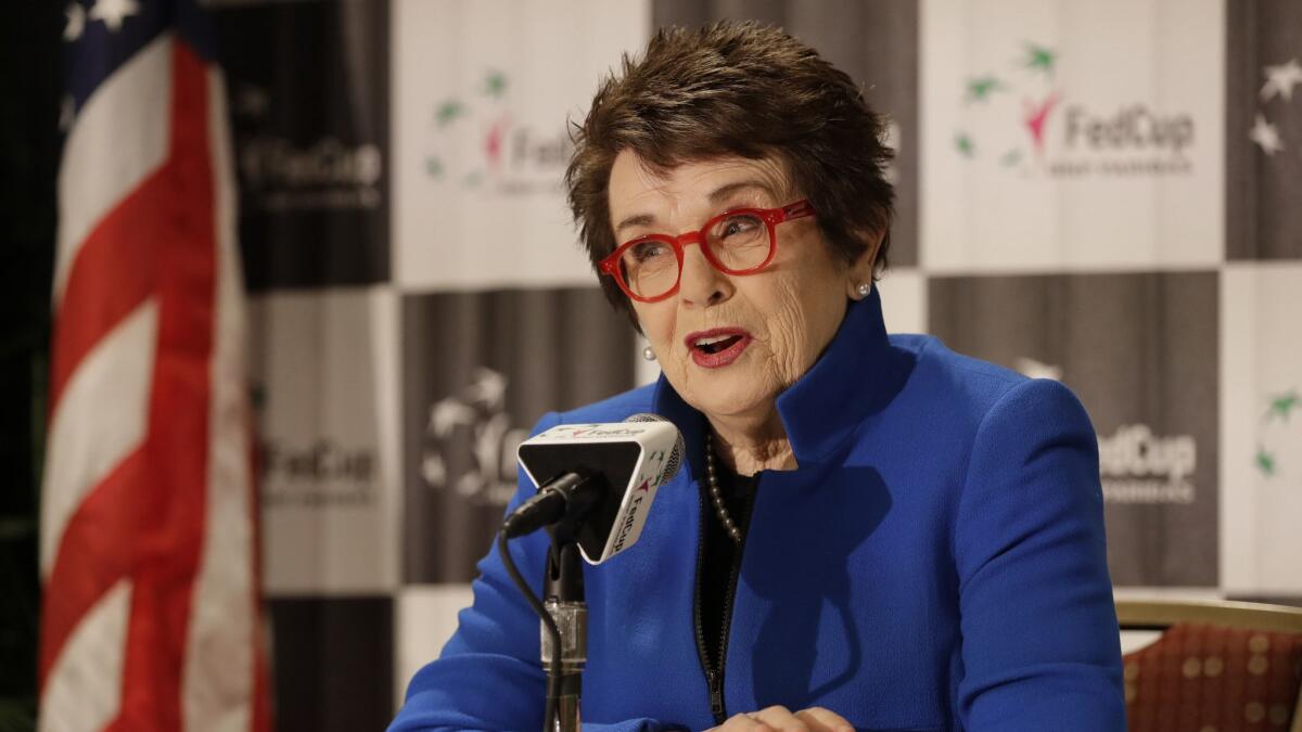 Tennis great Billie Jean King speaks to the media before a Fed Cup tennis match between the United States and Australia in Asheville, N.C., on Feb. 9.
