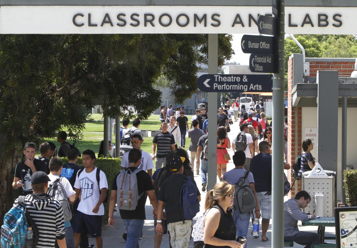Students walk between classes at Orange Coast Community College. 