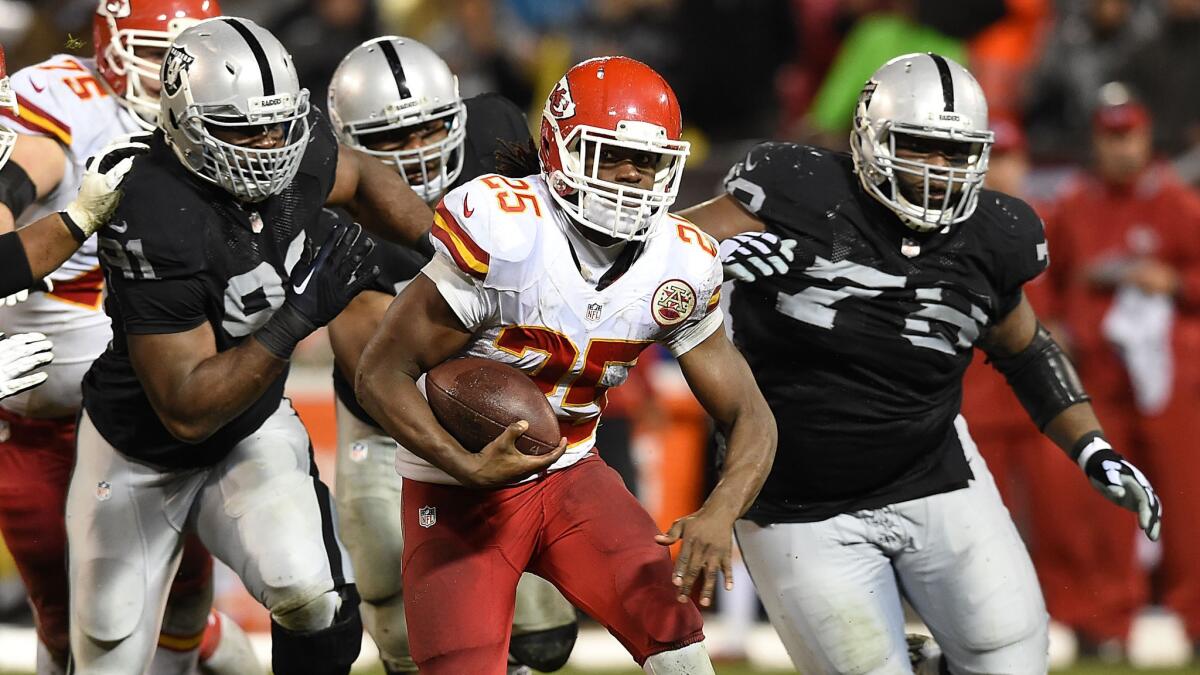 Kansas City Chiefs running back Jamaal Charles is pursued by the Oakland Raiders defense during the Raiders' win Thursday.
