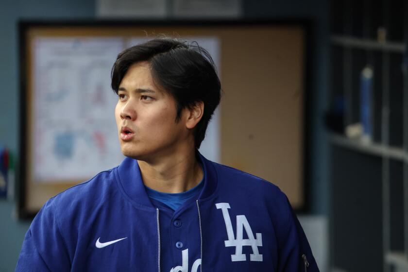 Los Angeles, CA - March 25: Shohei Ohtani during the Los Angeles Dodgers vs. Los Angeles Angels spring training game at Dodger Stadium on Monday, March 25, 2024 in Los Angeles, CA. (Jason Armond / Los Angeles Times)