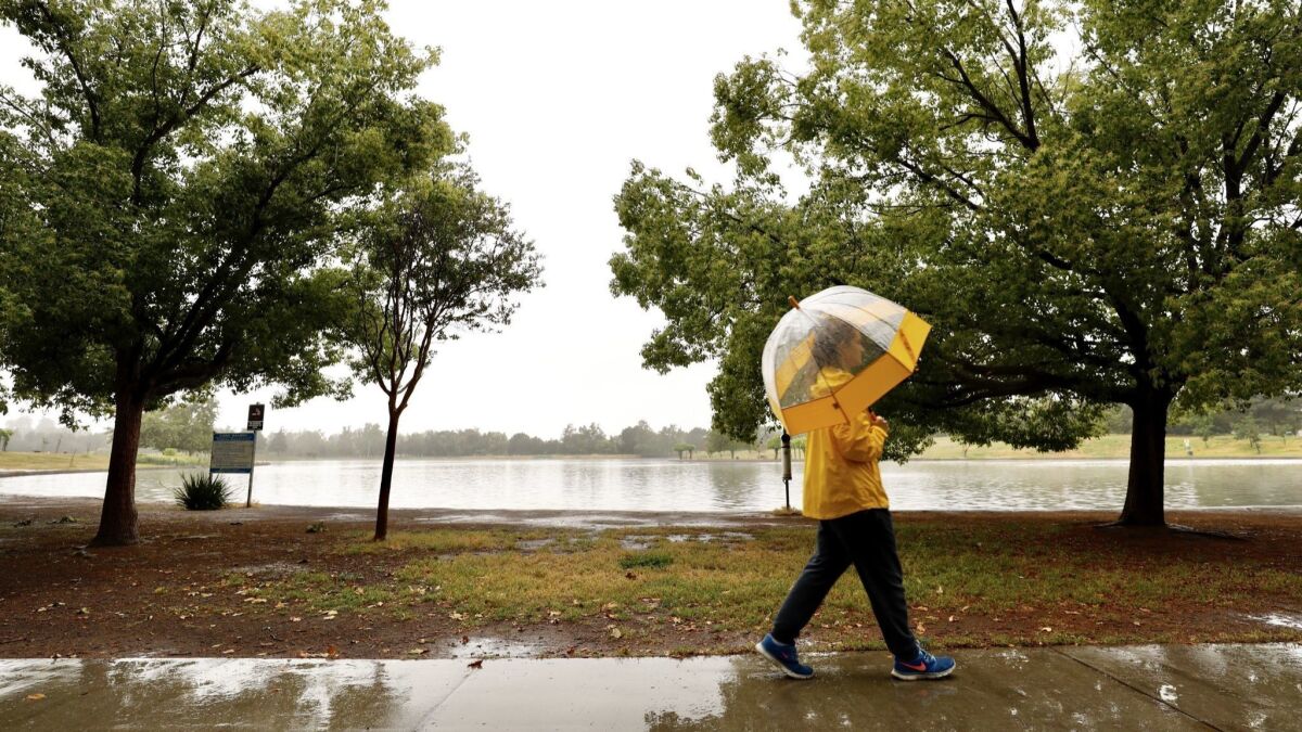 Lauren Lewis takes a walk in the rain around Lake Balboa in Encino last week. More rain is coming to L.A. over the next several days.