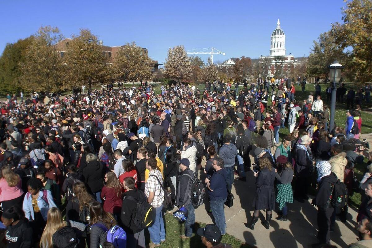 Protesters gather at Mel Carnahan Quadrangle at the University of Missouri on Monday.