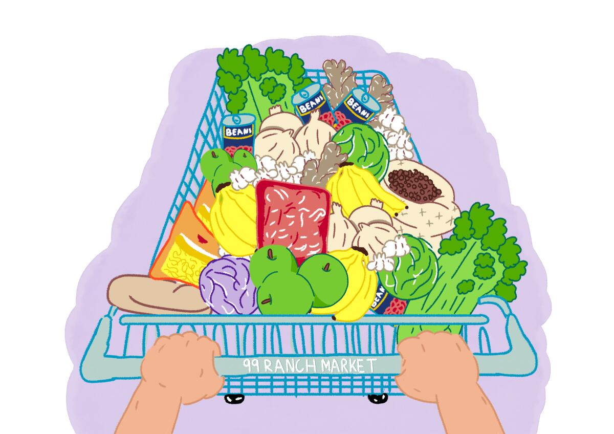 Hands pushing a shopping cart full of groceries.