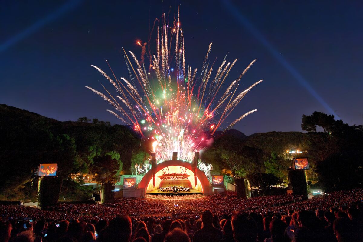 Hollywood Bowl shell with fireworks. 