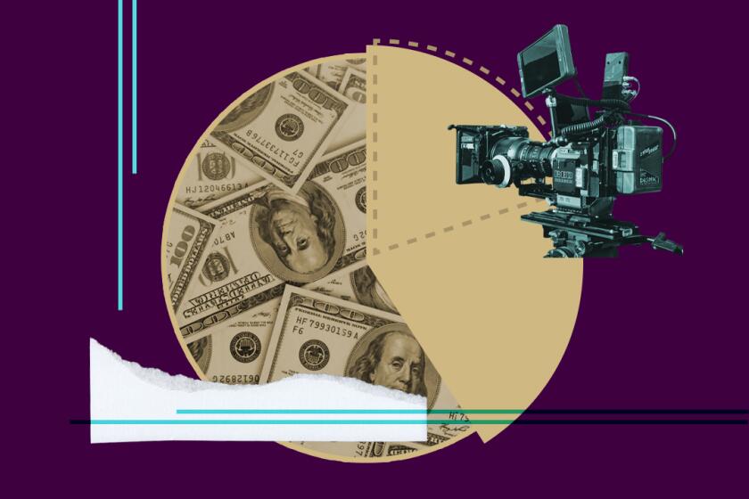 collage of a film camera, scrap paper, and a pie chart overlaid with hundred-dollar bills.