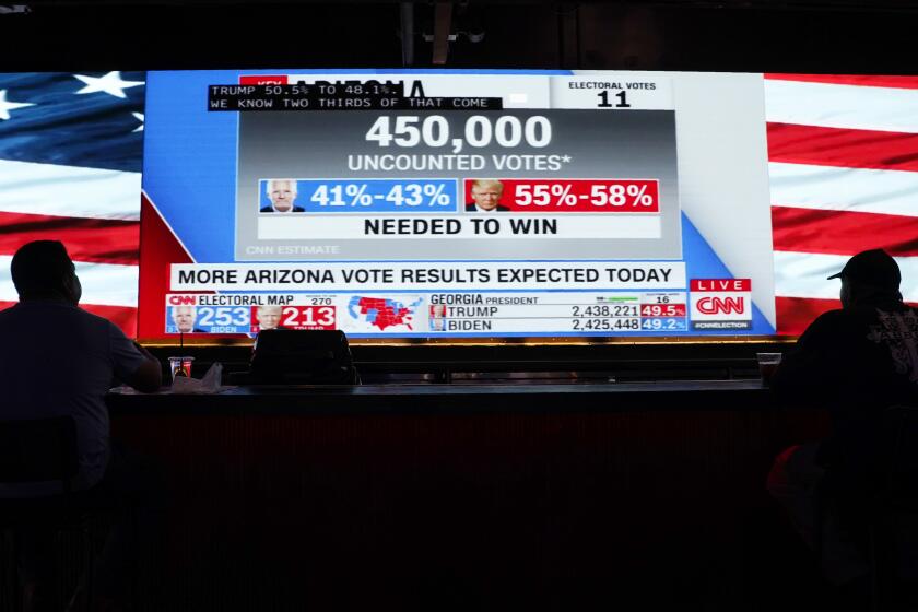 Employees at The Abbey Food & Bar watch CNN presidential-election coverage as they have lunch, Thursday, Nov. 5, 2020, in West Hollywood, Calif. (AP Photo/Chris Pizzello)