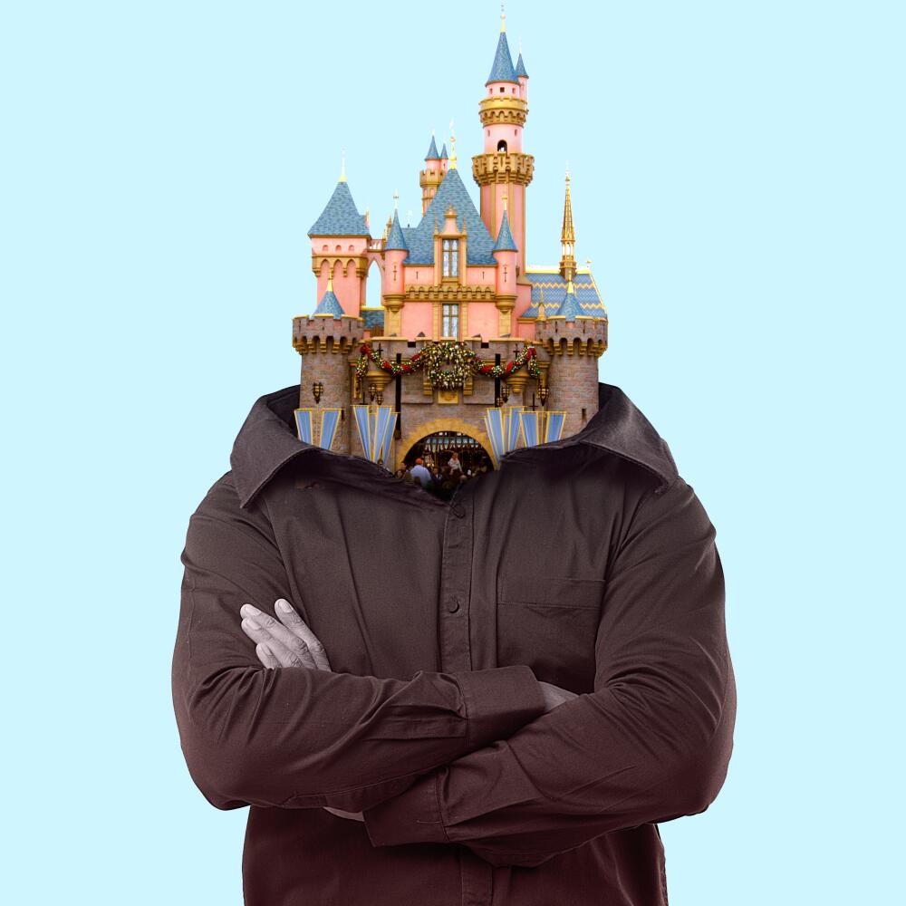 photo illustration of a figure with crossed arms with Disneyland's Sleeping Beauty Castle in place of its head