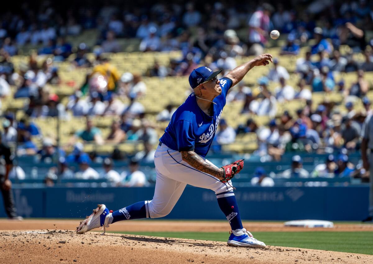 Dodgers pitcher Julio Urias works against the Colorado Rockies on Aug, 13, 2023, at Dodger Stadium.