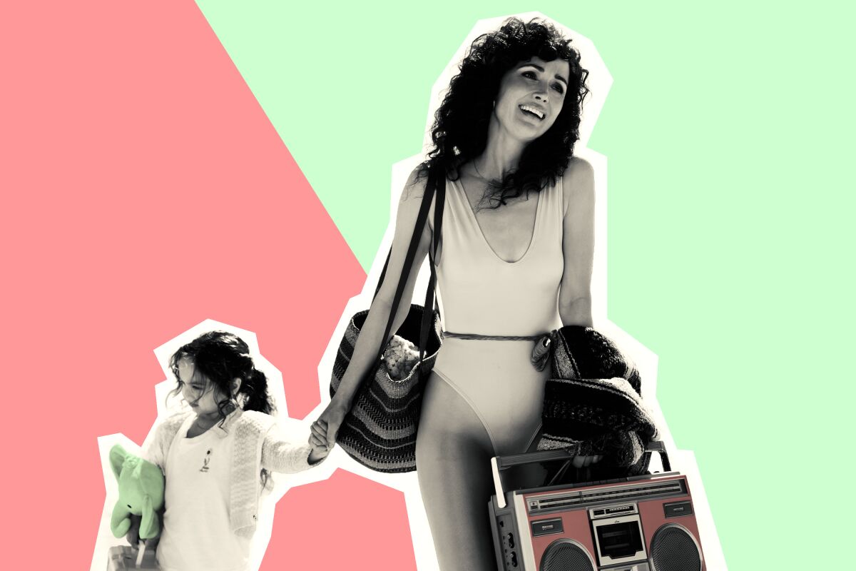 A photo illustration of a woman in 1980s aerobics gear holds a boom box and her daughter's hand.