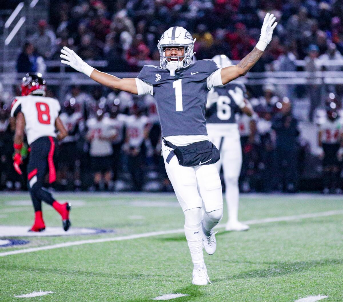 Cornerback Marcelles Williams of St. John Bosco reacts during the Braves' thrilling 43-42 win over Corona Centennial.