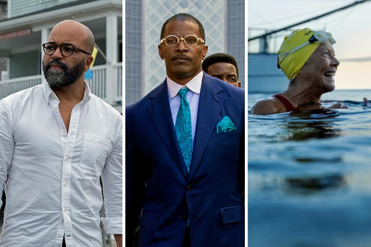Scenes from "American Fiction," starring Jeffrey Wright; "The Burial" with Jamie Foxx; and "Nyad," starring Annette Bening.