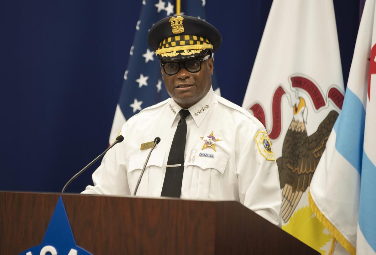 Chicago Police Supt. David Brown speaks about creating a new Chicago Police Department team of about 50 police officers and prosecutors to target gun traffickers Monday, July 19, 2021, in Chicago. (Brian Rich/Chicago Sun-Times via AP)