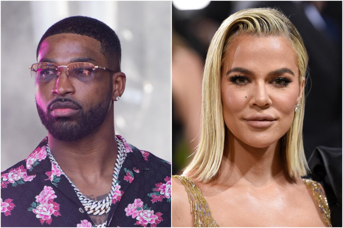 Separate head shots of Tristan Thompson wearing a black shirt with pink flowers and Khloé Kardashian in a gold dress