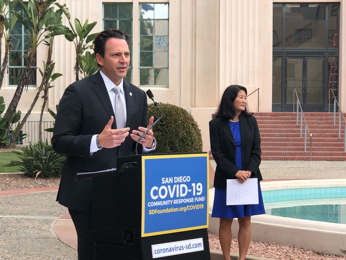 Supervisor Nathan Fletcher announces the creation Covid-19 community response fund alongside other regional leaders from the private and nonprofit sector including Nancy Sasaki, CEO of United Way of San Diego County.