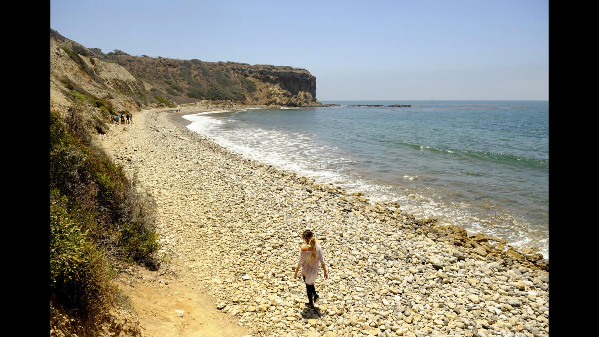 A woman walks along the rocky stretch of beach heading to the tidepools at Abalone Cove.