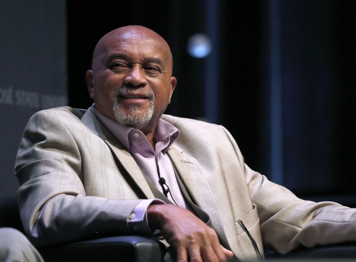 Tommie Smith speaks about his experience at the 1968 Mexico City Olympics during a town hall at San Jose State University.