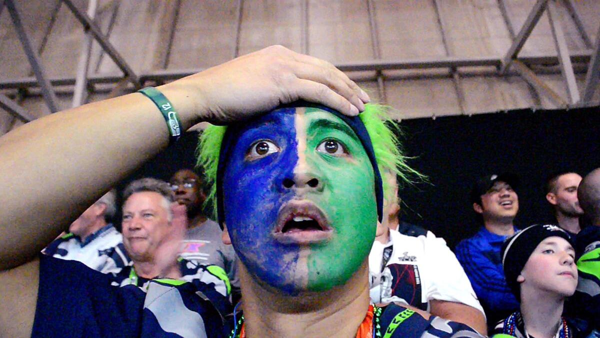 Seattle Seahawks fan Norb Caoili reacts in the final moments of the Super Bowl as the Seahawks lose to the New England Patriots.