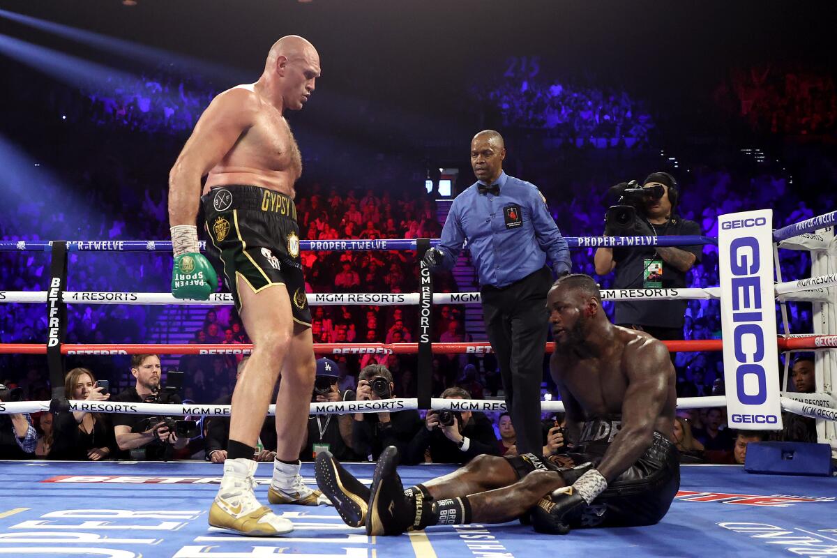 LAS VEGAS, NEVADA - FEBRUARY 22: Tyson Fury knocks down Deontay Wilder in the fifth round during their Heavyweight bout for Wilder's WBC and Fury's lineal heavyweight title on February 22, 2020 at MGM Grand Garden Arena in Las Vegas, Nevada. (Photo by Al Bello/Getty Images) ***BESTPIX*** ** OUTS - ELSENT, FPG, CM - OUTS * NM, PH, VA if sourced by CT, LA or MoD **