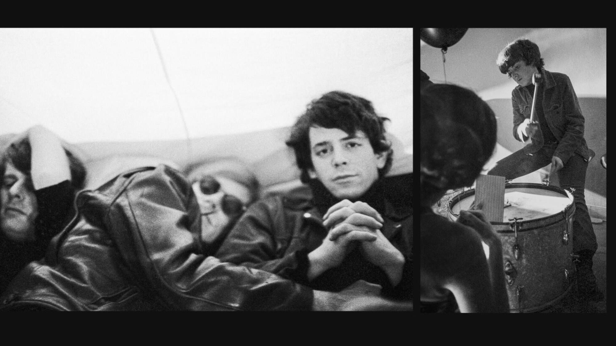Black-and-white photos of Paul Morrissey, Andy Warhol and Lou Reed on a couch and Moe Tucker playing drums.