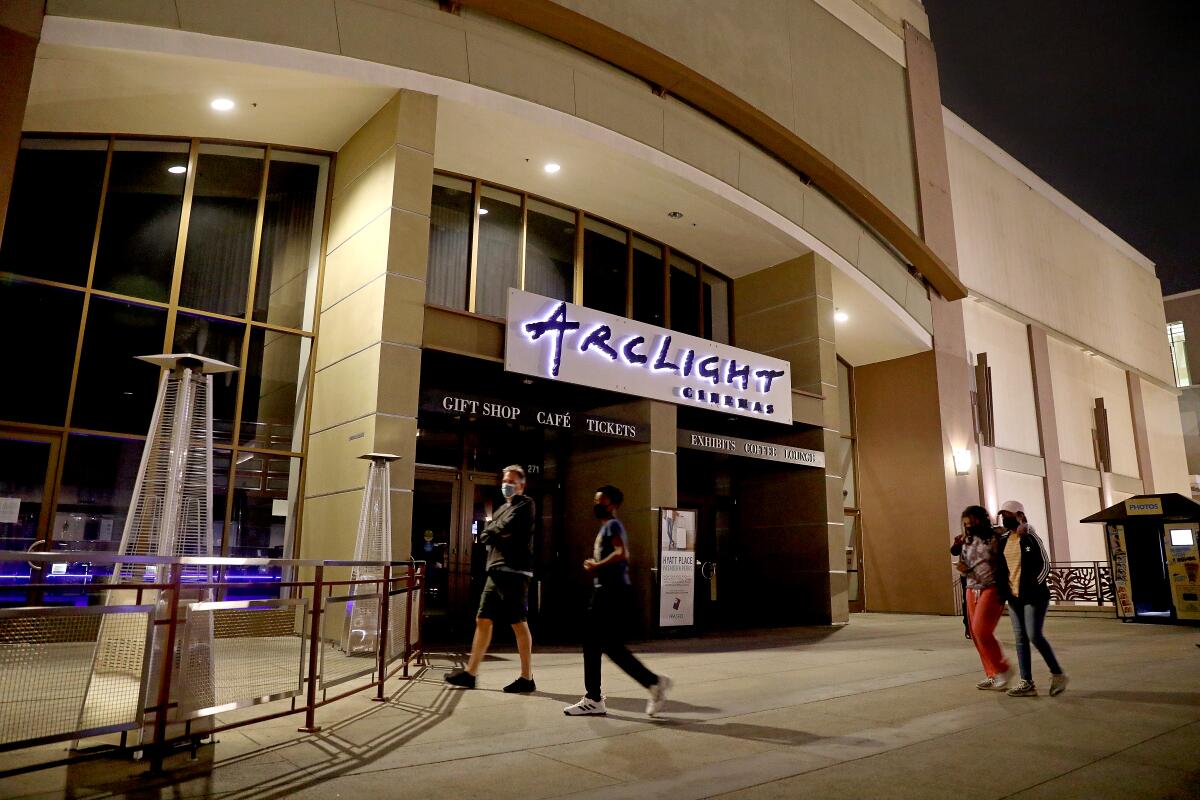 The exterior of the ArcLight Pasadena with people walking past