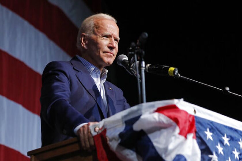 Former Vice President and Democratic presidential candidate Joe Biden speaks at the Iowa Democratic Wing Ding at the Surf Ballroom, Friday, Aug. 9, 2019, in Clear Lake, Iowa. (AP Photo/John Locher)