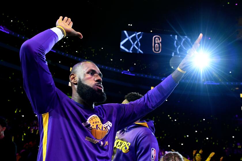 Los Angeles, California May 6, 2023-Lakers LeBron James is introduced before Game 3 of the Western Conference semifinal at Crypto.com arena Saturday. (Wally Skalij/Los Angeles Times)