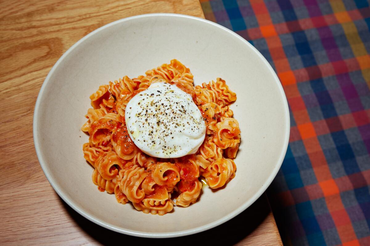 Spiral pasta in a red sauce at Agnes.