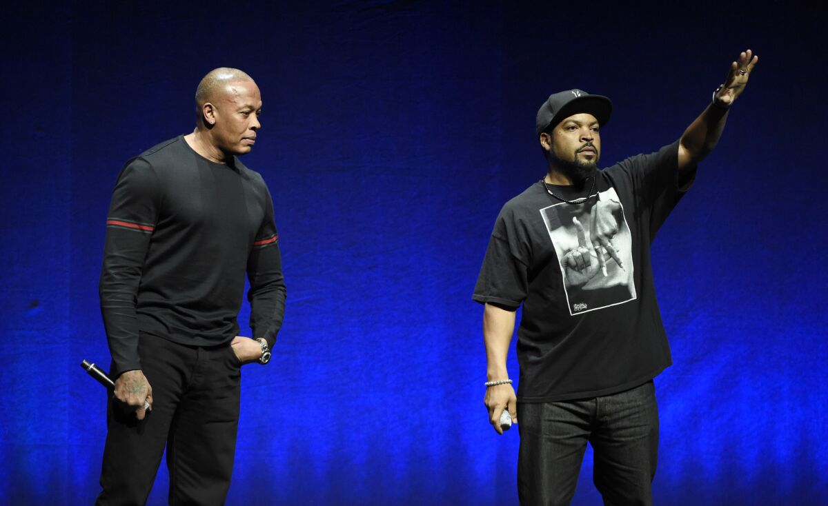 N.W.A members Dr. Dre, left, and Ice Cube are two of the subjects of the upcoming biographical drama "Straight Outta Compton." Dr. Dre's new album, "Compton: A Soundtrack," arrives Friday.