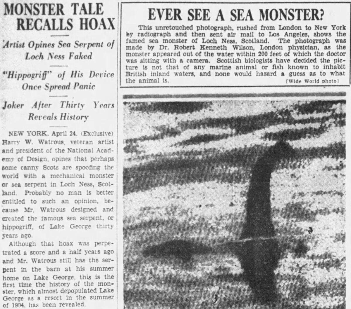 A clipping from a newspaper shows a grainy photo of something protruding from water.