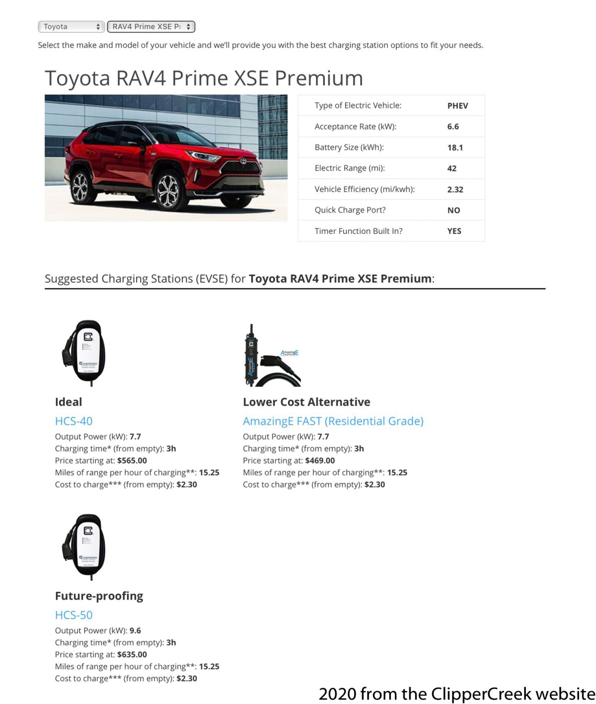 ClipperCreek recommended charge stations for RAV4 Prime XSE Premium
