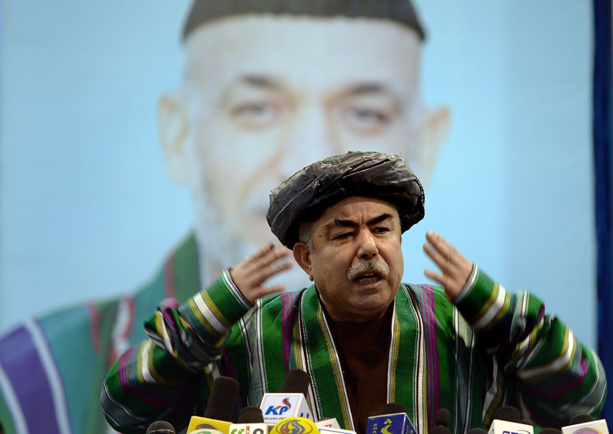 This file picture taken May 22, 2014, shows former warlord Abdul Rashid Dostum campaigning to be vice president, an office he won.