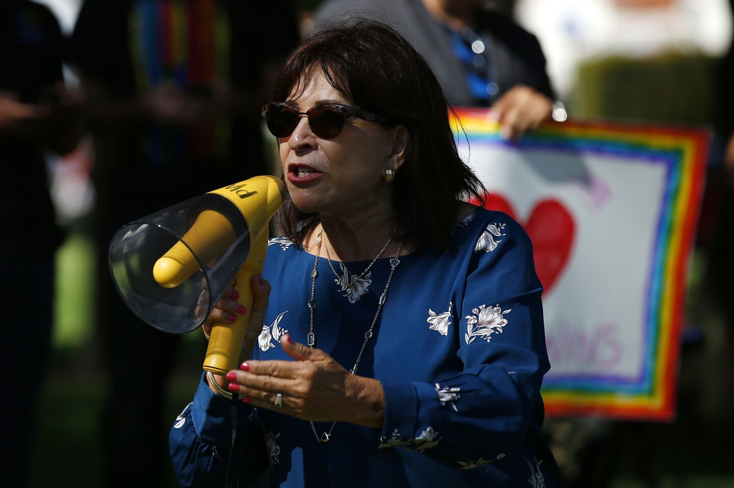 Mary Salas, Mayor of Chula Vista voices her support during a rally before Drag Queen Story Time at the Chula Vista Civic Center Library on Sept. 10, 2019.