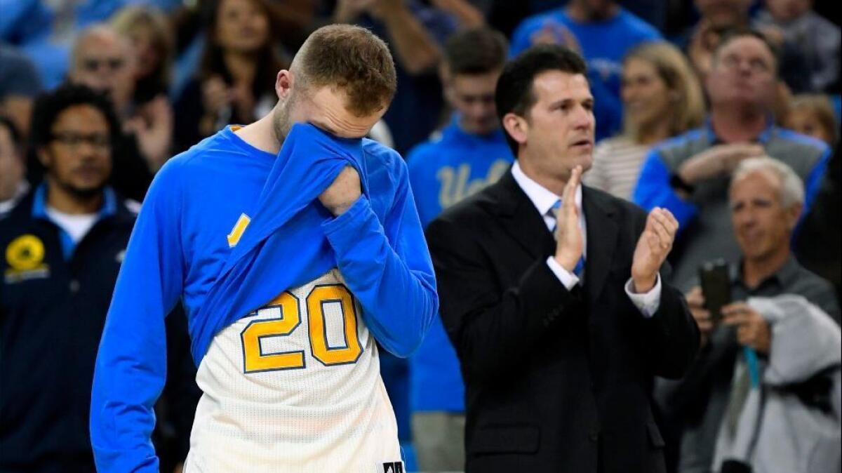 UCLA guard Bryce Alford wipes his eyes after being introduced as an outgoing senior in his final game on March 4 at Pauley Pavilion.