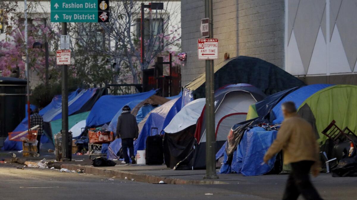 Thousands of people live on the streets of Los Angeles in tent encampments like this one on skid row, near East 5th Street and South San Pedro Street.