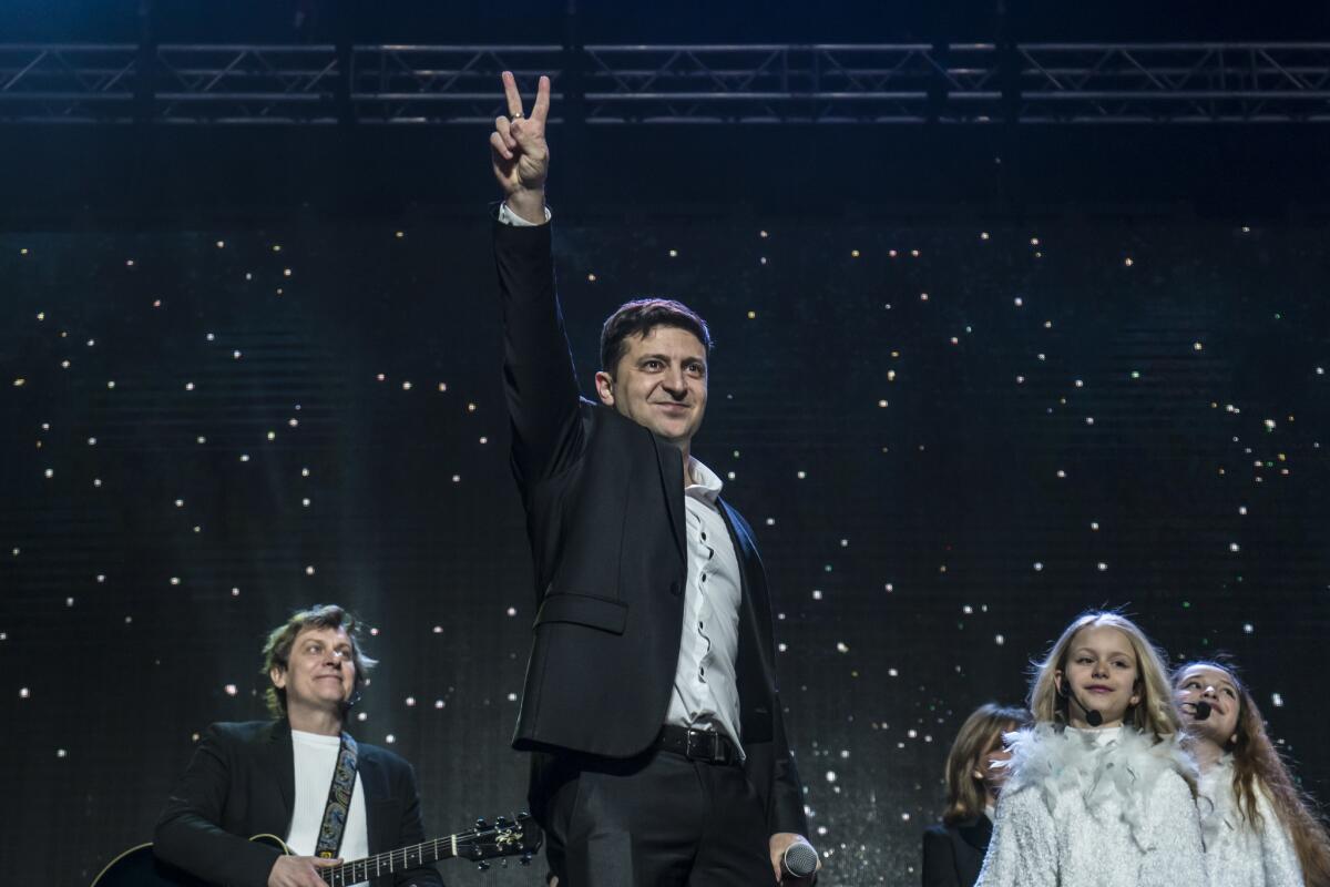 Comedian and Ukrainian presidential candidate Volodymyr Zelensky appears on "Kvartal 95," a variety show he has taken on the road.