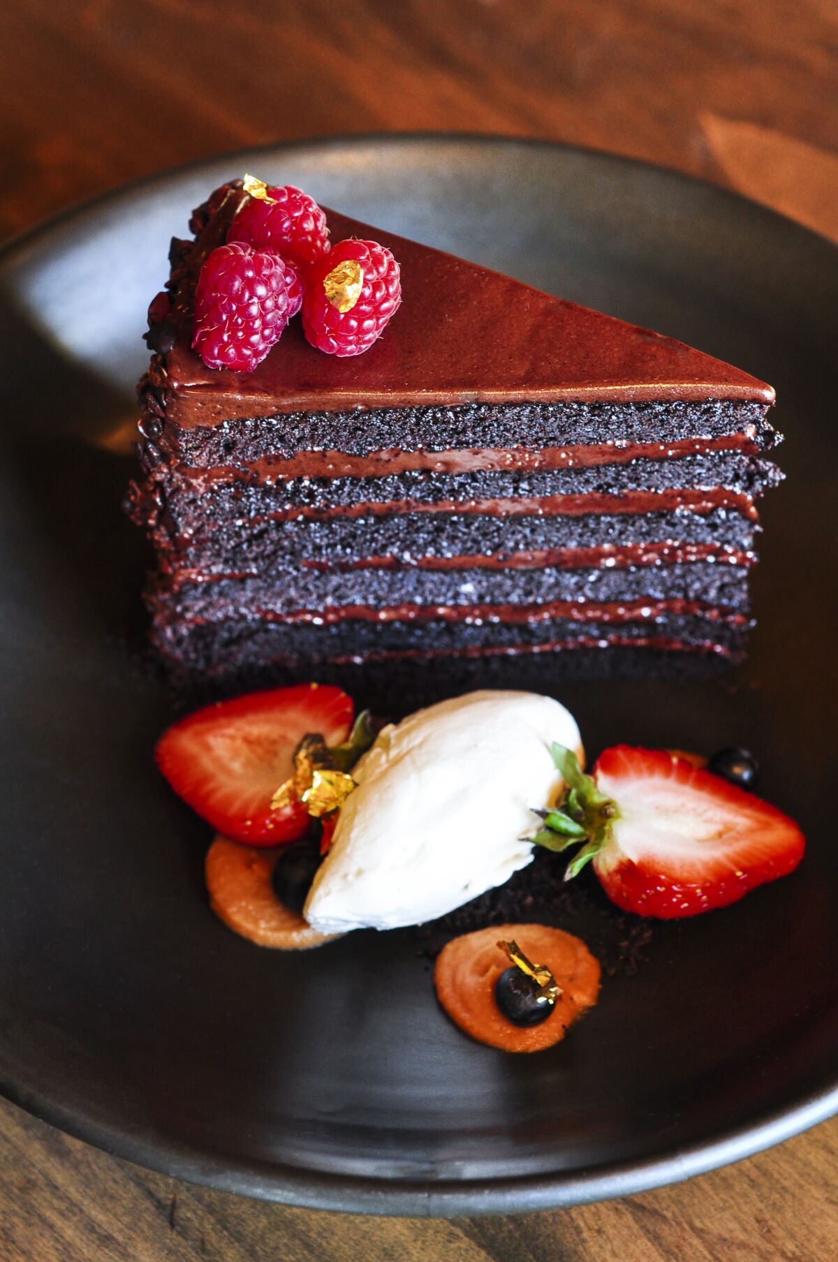 Rancho Valencia's Chocolate Layer Cake comes with gold flakes.