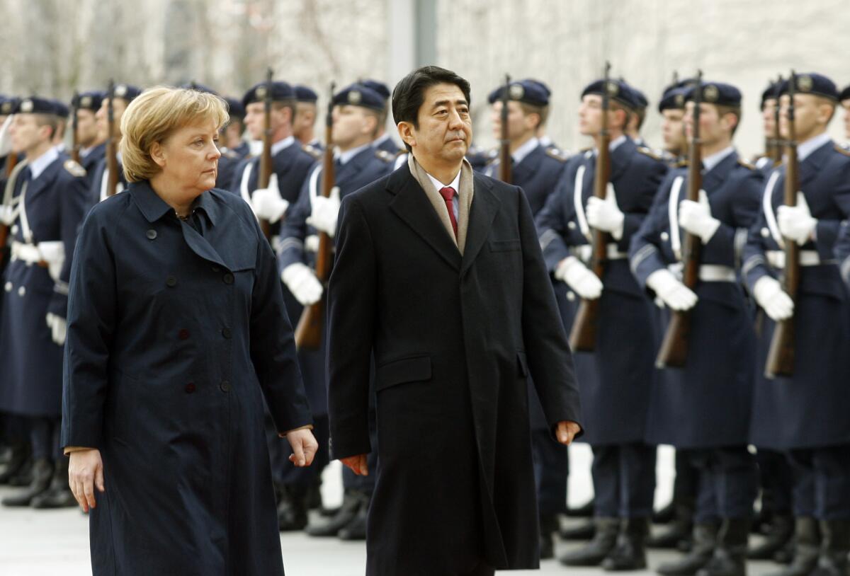 German Chancellor Angela Merkel and Prime Minister of Japan Shinzo Abe in 2007 in Berlin.