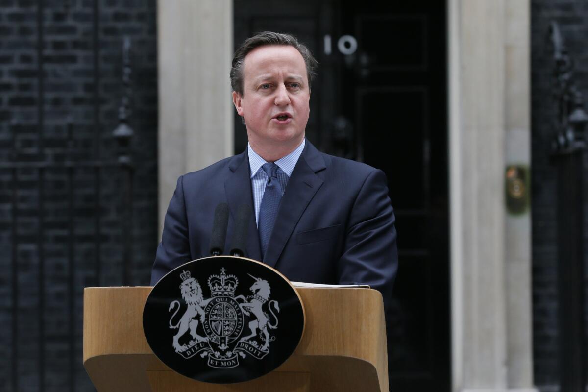 British Prime Minister David Cameron addresses the media after a Cabinet meeting in London on Feb. 20.