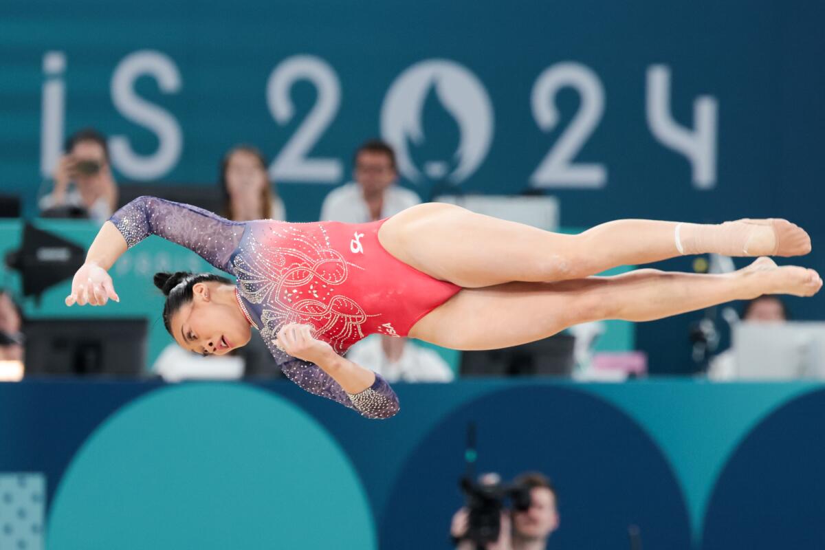 U.S. gymnast Suni Lee competes in floor exercise during the all-around final Thursday at the Paris Olympics.